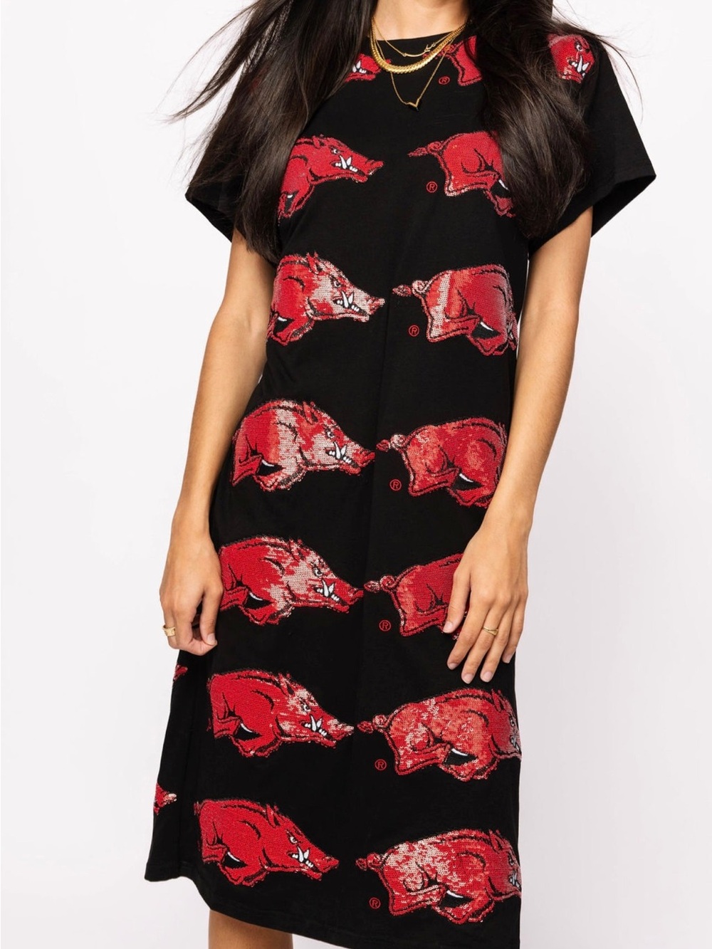 NWT (XS) QOS Queen of Sparkles Arkansas Razorback Midi Tee Dress